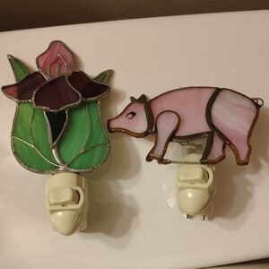 Vintage Stained Glass Flower and Pig Night Light Set